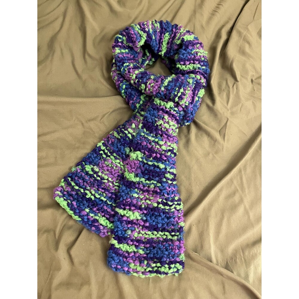 Cozy Handknit Scarf in Blue, Purple, & Green